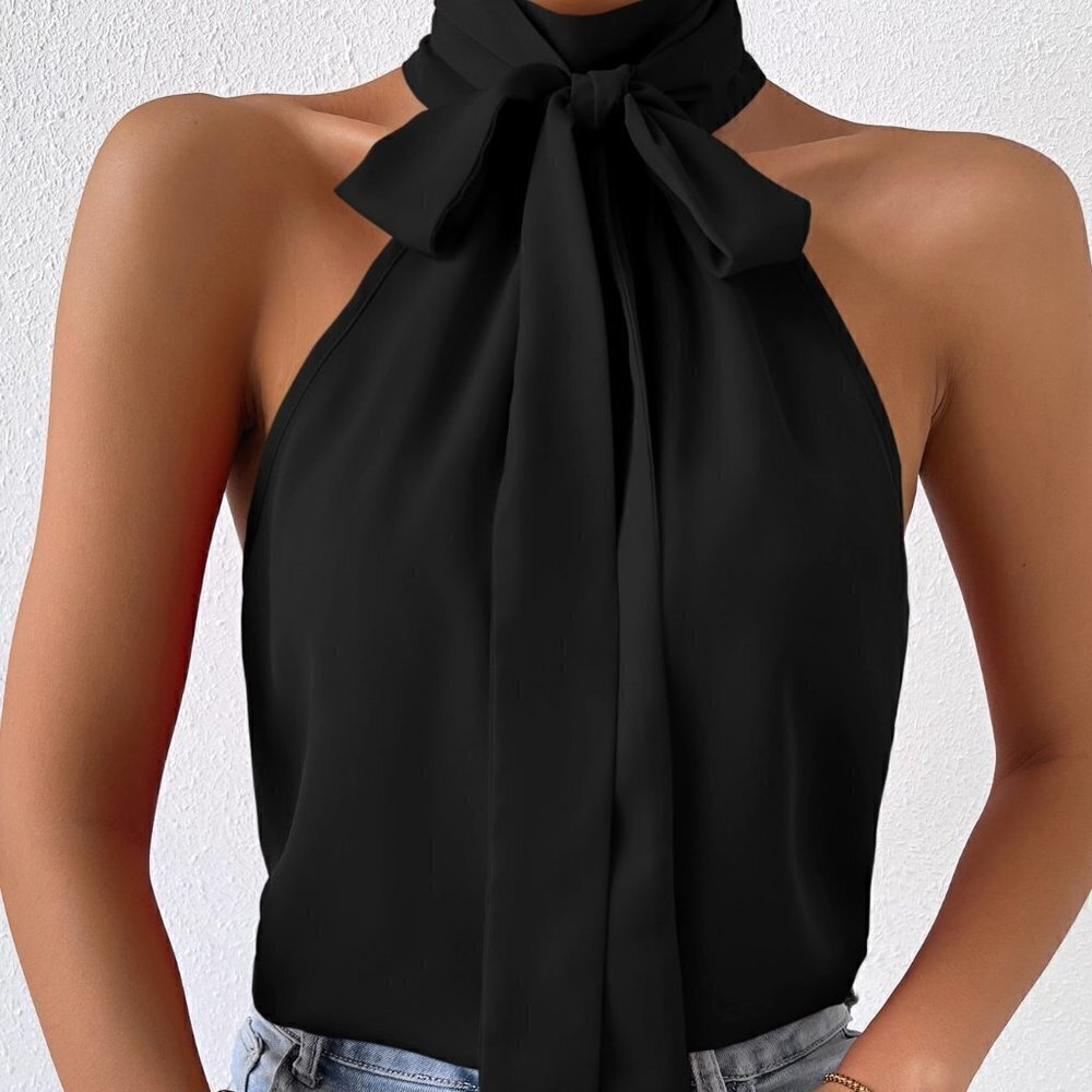 Black Preppy Womens Solid Tie Neck Halter Top - Picture 2 of 5